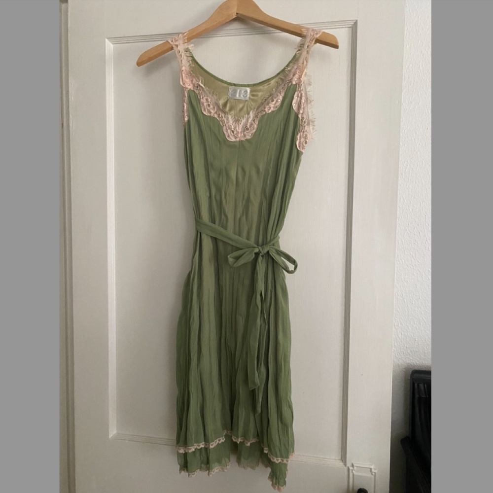 213 green dress with peach embellishments